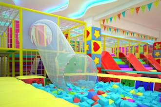 render interior kids playarea,indoor children party layout,cgi space walkthrough