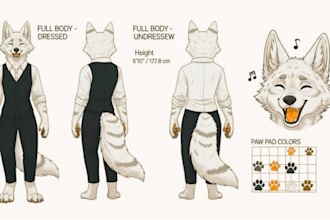 draw furry reference sheet, fursona sheet, anthro ref for fursuit