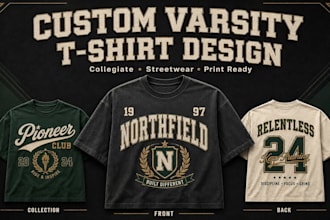 design varsity t shirt, collegiate typography and streetwear graphics for brands