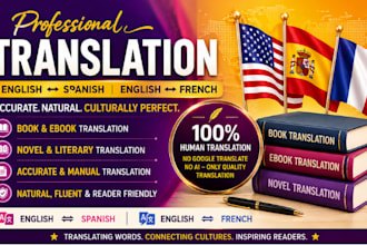 translate english to spanish, german, french, book, ebook and novel translation