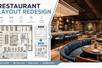 do restaurant layout redesign with seating plan, interior and 3d visualization