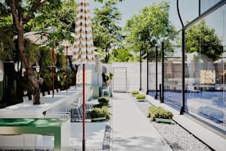 layout 3d outdoor lounge, padel tennis court,chicpatio,sportainment, cafe render