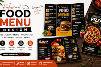 create a professional food menu, restaurant flyer and cafe menu