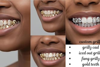 design custom grillz cad, iced out diamond fang teeth, honeycomb gold teeth