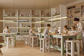 renovate 3d kids art room,interior learning classroom,furniture layout d5 render