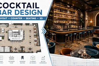 design bar interior layout with cocktail counter, seating plan and 3d rendering