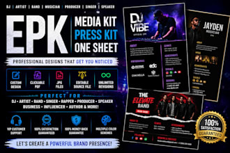 design professional epk, press kit, media kit one sheet for dj, artist  band kit