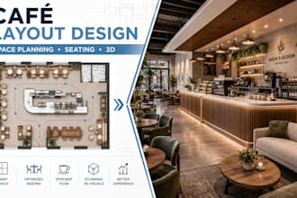design cafe layout, cafe space planning with furniture placement and 3d interior