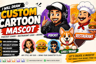 vector custom cartoon portrait for cute mascot podcast cover restaurant logo