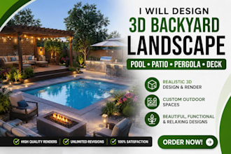 do 3d backyard landscape with pool patio pergola and deck  porch permit drawing