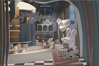 remodeling 3d kid garden room, library interior layout,  kender garden exterior