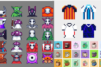 create pixel art game assets, pixel art icon, object, logo, pixel illustration