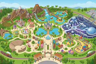 design amusement park map, theme park map, resort and attraction map