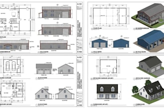 create 2d and 3d barndominium, pole barn, garage, farm house for permit drawings
