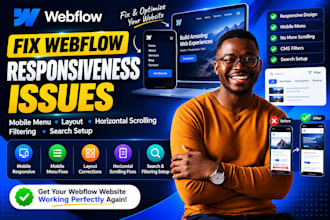fix webflow responsiveness, mobile menu, layout, scrolling, search and filters