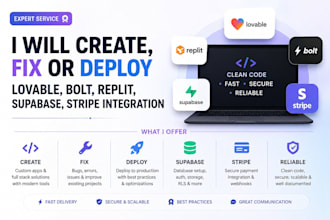 create , fix or deploy lovable, bolt, replit, supabase, stripe integration code