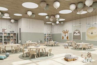 revamp 3d classroom interior,nursery room layout, children learning space render