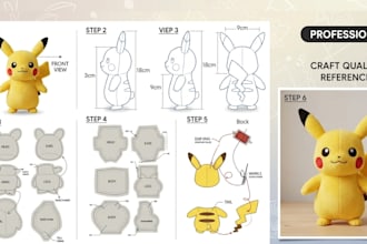 create a custom plush toys design reference sheet with sewing pattern details