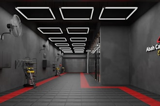 design 3d cgi car valeting bay, auto detailing garage, and workshop layout