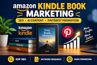 amazon kindle SEO, ai blog content writing, and pinterest book promotion design
