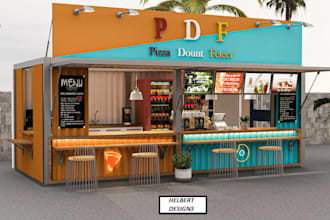 design 3d food truck restaurant container kiosk pizza BBQ food stall coffee shop