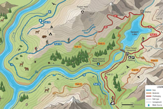 design vector hiking trail map, topographic elevation map and vintage trail map