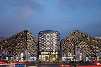 develop cgi commercial mall,shopping hub design, biomimetic retail facade render