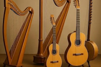 record kora, zither, balalaika, bouzouki, harp, lute, banjo, sarod and charango