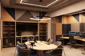 design 3d podcast studio, recording room, gaming studio, streaming room
