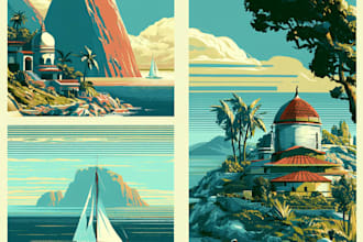 make art deco, vintage, retro, modern travel poster or landscape illustration