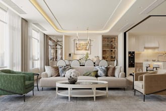 renew 3d contemporary living space,neutral living room render,minimalist kitchen