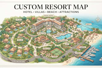 design hotel, city resort visitor maps with locations and landmarks illustration