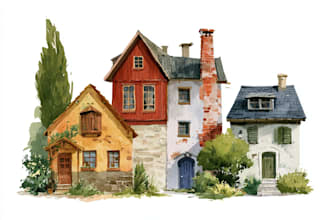draw cute watercolor cottage house and building