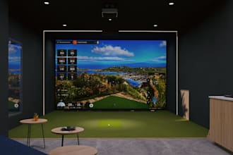 redesign3d indoor golf sim,lounge interior layout,virtual golf course,cgi render