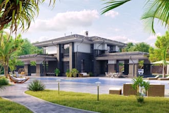 produce modern tropical villa render, outdoor landscape design, luxury residence