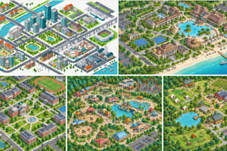 create an interactive isometric map for city map, tourism map, wayfinding map