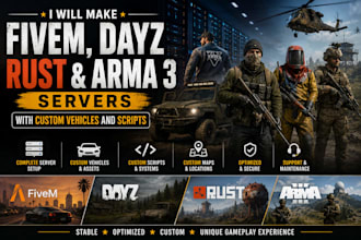 create fivem, dayz, rust and arma 3 servers with custom vehicles and scripts