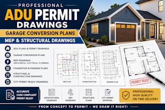 do adu permit drawings, garage conversion plans, mep and  structural drawings