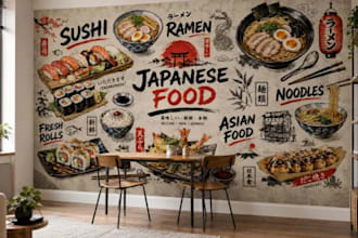 design japanese sushi ramen restaurant wallpaper mural for cafe or food vendors