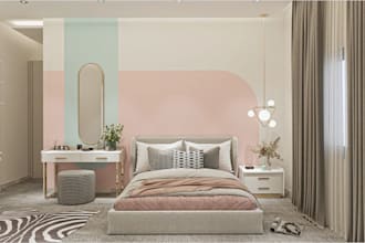 design modern girls bedroom, elegant interior rendering, custom furniture layout