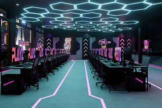 design cyberpunk gaming room, luxury esports arena, high tech gaming spot render