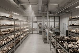 design a 3d mushroom farm and fungi cultivation center