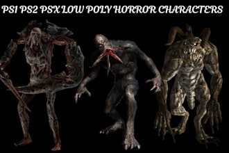 create a low poly retro psx ps1 ps2 n64 creepy horror characters for your game