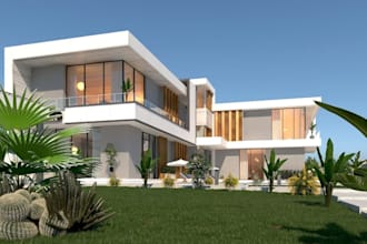 build 3d biophilic villa exterior,luxury residence cgi render,outdoor pool patio