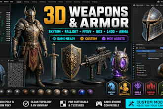 3d weapons, armor game assets for skyrim, fallout, ffxiv,game mods,bg3,l4d2,arma