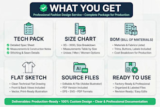 design modern fashion sketches, tech pack and apparel clothing