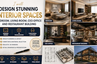 interior spaces bedroom living room CEO office and restaurant building