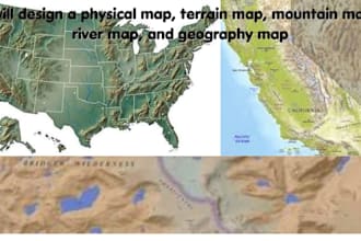 design a physical map, terrain map, mountain map, river map, and geography map