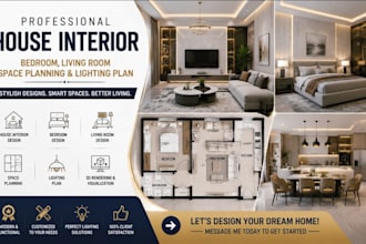 design house interior, bedroom, living room and space planning, lighting plan