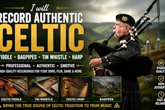 record authentic celtic fiddle, bagpipes, tin whistle and harp